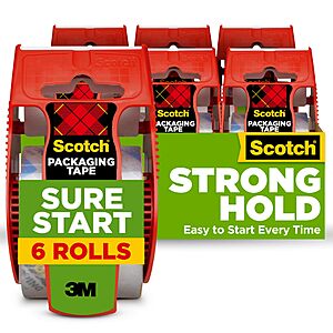 PRIME ONLY: $10.93 Scotch Sure Start Packing Tape, Clear, Quiet Unwind and Easy Start, 1.88 in. x 22.2 yd., 6 Tape Rolls with Dispensers AMZ