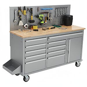 GAOMON 61-inch Rolling Tool Chest, 10 Drawers Garage Workbench Storage Tool Cabinet with Power Strip, Solid Rubber Wood Top, 1675 LBS Load Mobile Workstation $683.99