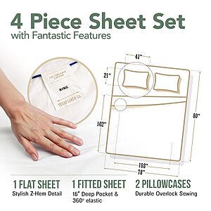 TEXAS LINEN CO. 100% Organic Cotton Percale Sheets King Size - 4 PC White Organic Sheets King Set - $27.19 @ Amazon