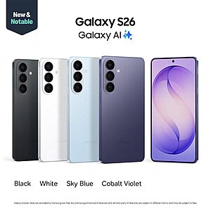 Samsung Galaxy S26, Unlocked Android Smartphone, 512GB, Powerful Processor, Galaxy AI, Immersive Viewing, Durable Battery, 2026, US 1 Year Warranty, Cobalt Violet $854.98