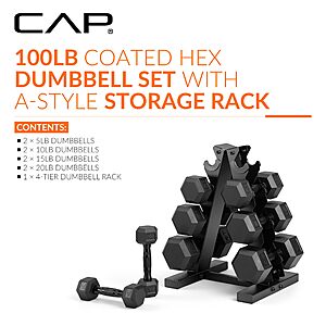 CAP 100 lb Rubber Coated Hex Dumbbell Set with Vertical Rack, Space-Saving A-Frame Storage for Home Gym Strength Training, Chrome Handle $79.99