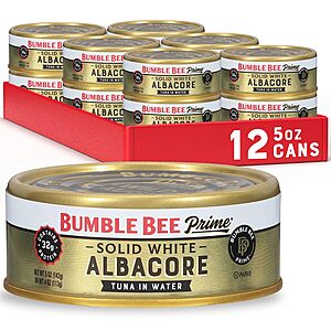 Bumble Bee Prime Solid White Albacore Tuna in Water, 5 oz Easy Open Cans (Pack of 12) - Premium Wild Caught Tuna - 32g Protein per Serving~$14.62 After Coupon & S&S @ Amazon