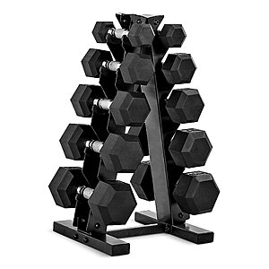 CAP 150 lb Rubber Coated Hex Dumbbell Set with Vertical Rack, Space-Saving A-Frame Storage for Home Gym Strength Training, Chrome Handle, Black Rack $150 FS @ Amazon