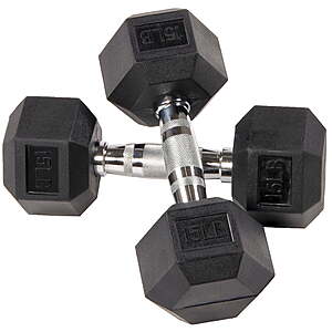 BalanceFrom Rubber Encased Hex Dumbbells Black, 15 lbs Pair $20, 45lb pair $76 FS @ Walmart