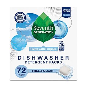 PRME DAY $13.96 S&S  Seventh Generation Dishwasher Detergent Packs, Free & Clear, 72 Count, Pack of 1, Plant Powered Cleaning