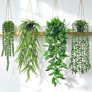 Prime Members: 4-Piece Der Rose Indoor/Outdoor Faux Hanging Plant Set w/ Pots (Eucalyptus, Boston Fern, Pothos & String of Pearls) $15.65 ($3.91 each) & More + Free Shipping