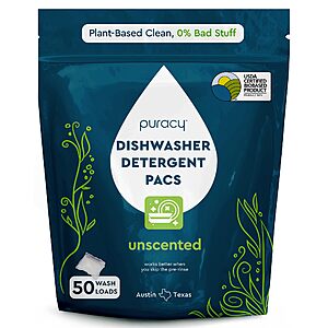 [S&S] Puracy Dishwasher Pods, Dishwasher Detergent, Free & Clear Dish tabs (Free & Clear, 50 Count) $10.17