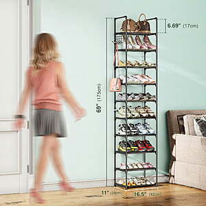 10-Tier Bug Hull Metal Shoe Rack Organizer for 20-24 Pairs w/ Shelves & Hooks $13.49