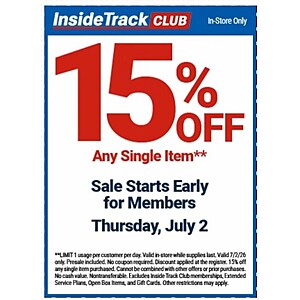Begins July 2 for ITC, 15% off any item, Harbor Freight, non-ITC begins July 3-5