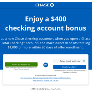 $400 checking account bonus when you open a Chase Total Checking