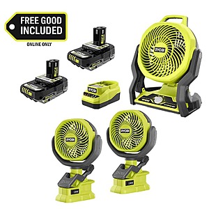 Ryobi ONE+ 18V Cordless Hybrid 7.5 in. Fan Kit w/ (2) 2Ah Batteries, Charger, w/ FREE ONE+ Cordless 4 in. Clamp Fan (2-Pack) $129
