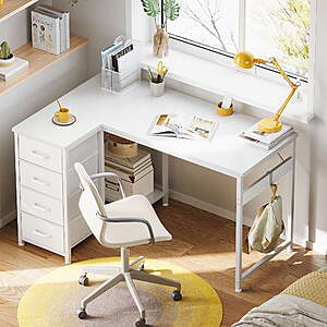 48 inch Computer Desk with 4 Fabric Drawers — Home Office Desks with Storage, Writing Desk with Side Hook, White $42.99