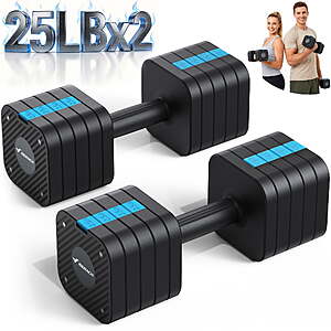 MERACH 50LBS Adjustable Dumbbell Set, 5 in 1 Free Hand Weights for Home Gym, 25 lbs, Set of 2, Black&Blue $93.99