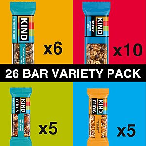 [Prime] 26-Count KIND Bar Variety Pack w/ Dark Chocolate Nuts & Sea Salt, Caramel Almond Sea Salt & Chewy Chocolate Chip $11.39 w/ S&S + Free Shipping
