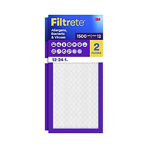 [S&S, AC] $19.87: Filtrete 12x24x1 Air Filter, MERV 12, MPR 1500, 2 HVAC Filters (Actual Size 11.68 x 23.68 x 0.78 in)