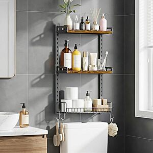 [Prime] Kalrin 3-Tier Wall Mounted Bathroom Storage Shelves w/ Drain Basket & Toilet Paper Holder (Vintage Brown) $19 + Free Shipping