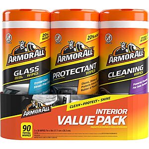 Prime Members: Armor All Car Interior Value Pack, 90 Count, Includes Auto Glass Cleaner, Cleaning Wipes and Protectant Wipes $10.34