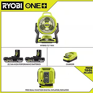 RYOBI ONE+ 18V Cordless Hybrid 7.5 in. Fan Kit w/ (2) 2Ah Batteries, Charger, w/ FREE ONE+ 18V Cordless Inflator/Deflator $127