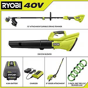 RYOBI 40V Cordless Attachment Capable String Trimmer, 550 CFM Blower, Edger &. 080 Pre-Cut Line w/ 4.0 Ah Battery & Charger $259