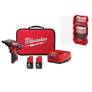 Milwaukee M12 12V 1/4 in. Hex Screwdriver Kit w/ (2) 1. 5Ah Batteries, Charger, Bag with 28-Pc SHOCKWAVE Set $89