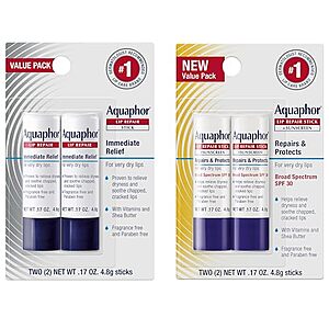 [Prime, SnS] $8.35* | 4-Count 0.17-Oz Aquaphor Lip Balm Set (2x Lip Repair & 2x Sunscreen Lip Repair) at Amazon