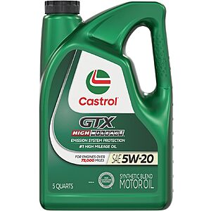 Castrol GTX High Mileage 5W-20 Synthetic Blend Motor Oil, 5 Quarts $14.20 with S&S at Amazon
