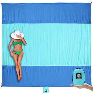 WEKAPO Extra Large 7'x7' Beach Blanket (Sandproof & Waterproof Nylon Mat) w/ 4 Stakes - $18.97 (35% Off for Prime Members)