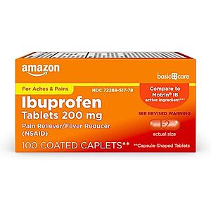 $2.11 100-Count Amazon Basic Care Ibuprofen Tablets, 200 mg, Pain Reliever/Fever Reducer with S&S