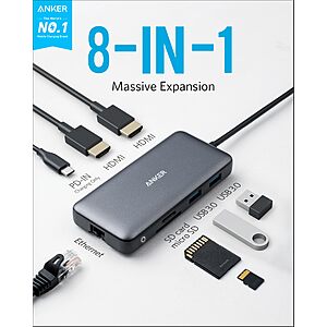 Anker Laptop Docking Station Dual Monitor, 8-in-1 USB C Hub, 4K Dual Monitor with 2 HDMI, 1 Gbps Ethernet Hub, 85W Power Delivery, SD Card Reader $37.98