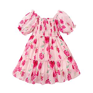 4T 5T Girl Clothes Toddler Girl Dress Kids Clothes Pink Floral Dresses Casual Puff Sleeve Princess Dress Summer Spring Swing Flare Smocked Sundress $9.99