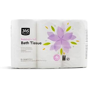 [Prime, SnS] $4.54 | 365 by Whole Foods Market, Sustainably Soft Bath Tissue, Hypoallergenic, 286 Sheets per Roll, 6 Count at Amazon