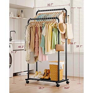 $22.99ac FS Walmart+ or at $35 Sakugi Clothes Rack,  on wheels  with Hooks & Mesh Shlef, Versatile Clothing Racks  Laundry, 32.7"×16"×59.1", Black