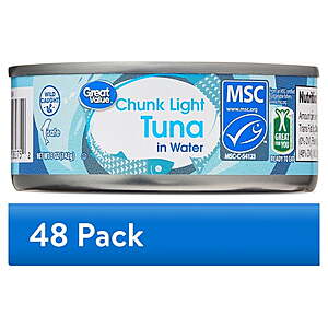 (48 pack) 5-Ounce Great Value Chunk Light Tuna in Water $32.13 ($0.67 Each) + Free Shipping w/ Walmart+ or on $35+