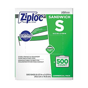 Select Accounts - $8.99 AC + S&S - SC Johnson Professional Ziploc Brand Sandwich Bags, 500 Count Box