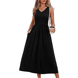 [Prime] OFEEFAN V-Neck Sleeveless A-Line Midi Dress w/ Pockets (Various Colors) $9.99 + Free Shipping w/ Prime or on $35+
