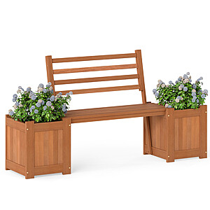Costway Outdoor Planter Box Wooden Bench Set with 2 Open-ended Planter Boxes and Slat Backrest $84.99 + Free Shipping