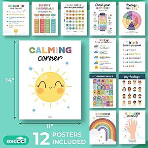[Prime] 12-Pack 11x14" EXCOOL CLUB Calming Corner Posters for Classroom w/ Feelings Chart & Breathing Exercises $3.28 + Free Shipping