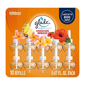 Prime, 10 count Glade PlugIns Refills Air Freshener, Scented and Essential Oils for Home and Bathroom, Hawaiian Breeze and Cashmere Woods,  $14.43