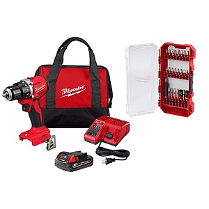 Milwaukee M18 18V Lithium-Ion Brushless Cordless Compact Drill/Driver with One 2.0 Ah Battery, Charger & Bit Set (25-Piece) $135