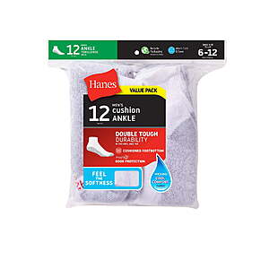 Hanes Men's 12-pk socks $13.48+, Women's 10-pk $8.98+ and more
