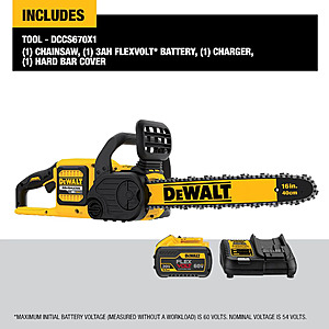 DEWALT DCCS670X1 Chainsaw 60V 3 Ah Brushless 16 in Cordless Tool-Free Tensioning $289