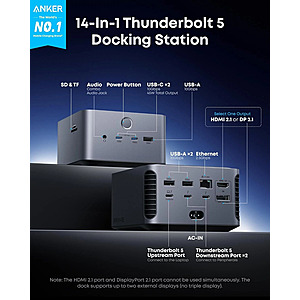 Anker Prime TB5 Docking Station, 14-in-1 Thunderbolt 5 Dock, refurbished from Anker Outlet $255.99