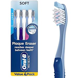 [Prime, AC] $5.99 |  4 Count Oral-B Toothbrush Pro-Health Plaque Eraser Manual Toothbrush at Amazon