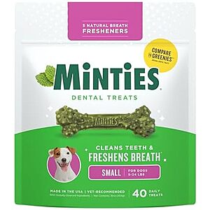 [SnS, AC] $21.96* | 4 × 40-Count Minties Dental Tartar/Plaque Bone Dog Treats (Tiny/Small Dogs) ($5.49 each) at Amazon