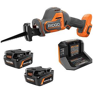 RIDGID 18V Max Output (2) 4.0Ah Battery and Charger with FREE 18V Subcompact Brushless One-Handed Recip Saw $169