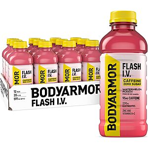 12-Pack 20-oz BODYARMOR Flash I.V. Zero Sugar + Caffeine Electrolyte Drink (Watermelon Punch) $19 w/ S&S + Free Shipping w/ Prime or on $35+