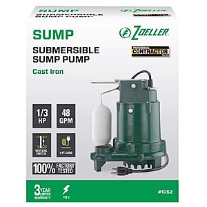 $199.99 ACE HARDWARE PU Zoeller 1/3 HP 2880 gph Cast Iron Vertical Float Switch AC Submersible Sump Pump 9 ft