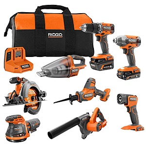 $299: RIDGID 18V Cordless 8-Tool Combo Kit with 2Ah MAX Output Battery, 4Ah MAX Output Battery, Charger, and Tool Bag at HomeDepot