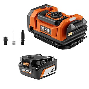 Ridgid 18V Dual Function Cordless Inflator w/ Valve Adaptor, Needle, Nozzles, 12V Power Cord, & 18V Lithium-Ion 4.0 Ah Battery $99