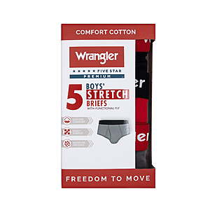 $5 - Wrangler 5-Pack Boys' Cotton Briefs, Soft Boys Underwear w/ 4-Way Stretch, (Various)